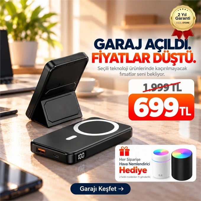 OUTLET/TEŞHİR Powerbank 10.000mAh Dijital Göstergeli Taşınabilir 22.5W Hızlı Şarjlı Telefon Standlı Taşınabilir Şarj Cihazı