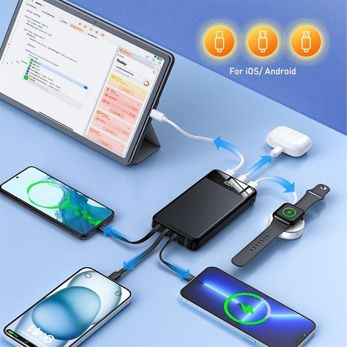 16.000mAh Dijital Göstergeli Dahili Çoklu Kablolu Taşınabilir 22.5W Hızlı Şarjlı Powerbank 6 Cihazı Aynı Anda Şarj Edebilir  Type-C Hızlı Şarj 