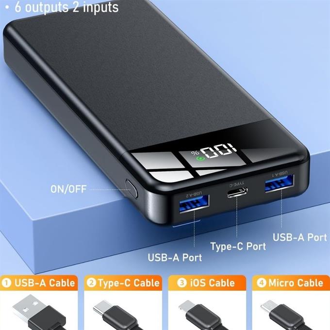 16.000mAh Dijital Göstergeli Dahili Çoklu Kablolu Taşınabilir 22.5W Hızlı Şarjlı Powerbank 6 Cihazı Aynı Anda Şarj Edebilir  Type-C Hızlı Şarj 