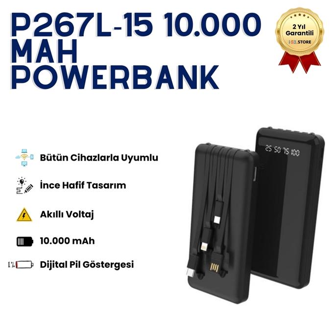 10,000 mAh Taşınabilir Hızlı Şarj Çift Çıkışlı, İnce Tasarımb LED Göstergeli Dahili Kablolu Powerbank