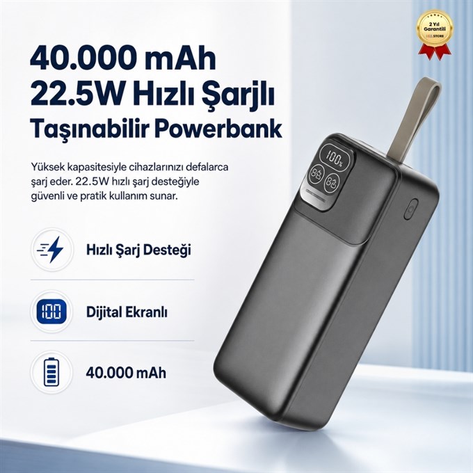 P32-4 40.000 mAh Powerbank 22.5W Hızlı Şarjlı Dijital Ekranlı Taşınabilir Şarj Cihazı