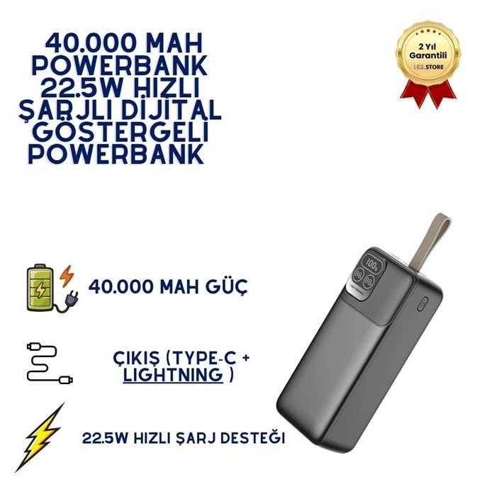 P32-4 40.000 mAh Powerbank 22.5W Hızlı Şarjlı Dijital Ekranlı Taşınabilir Şarj Cihazı 