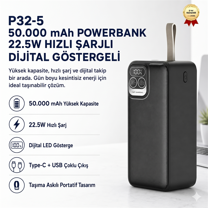 P32-5 50.000 mAh Powerbank 22.5W Hızlı Şarjlı Dijital Göstergeli Taşınabilir Şarj Cihazı 