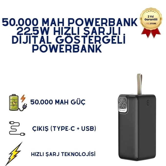 P32-5 50.000 mAh Powerbank 22.5W Hızlı Şarjlı Dijital Göstergeli Taşınabilir Şarj Cihazı 