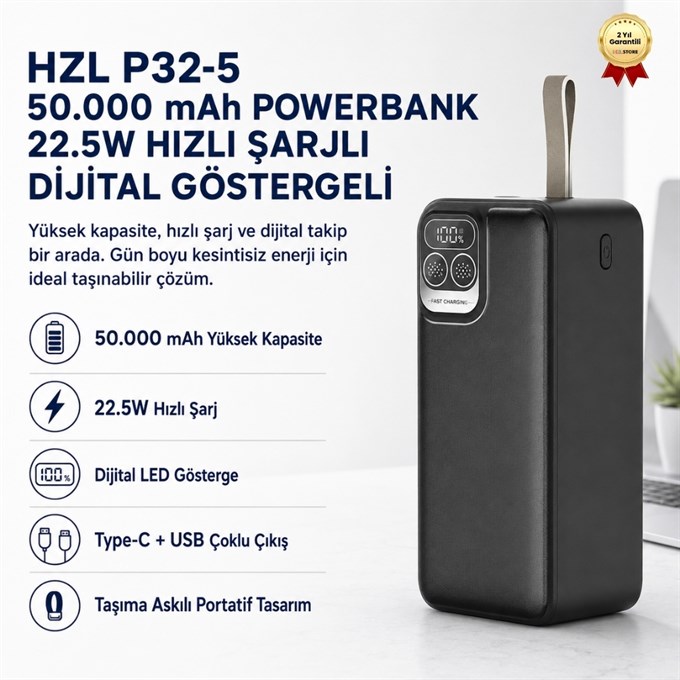 P32-5 50.000 mAh Powerbank 22.5W Hızlı Şarjlı Dijital Göstergeli Taşınabilir Şarj Cihazı 