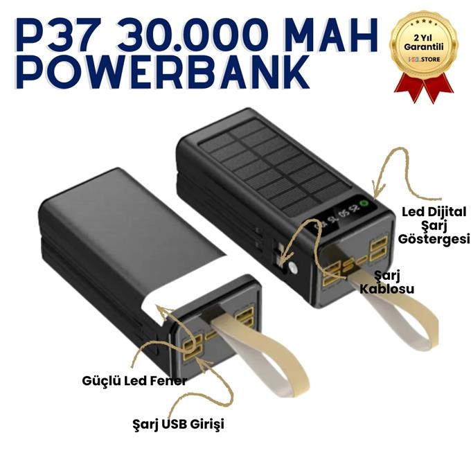 30,000 mAh Ultra Güçlü Taşınabilir Powerbank Hızlı Şarj Dahili Kablolu LED Gösterge Akıllı Cihaz Koruma
