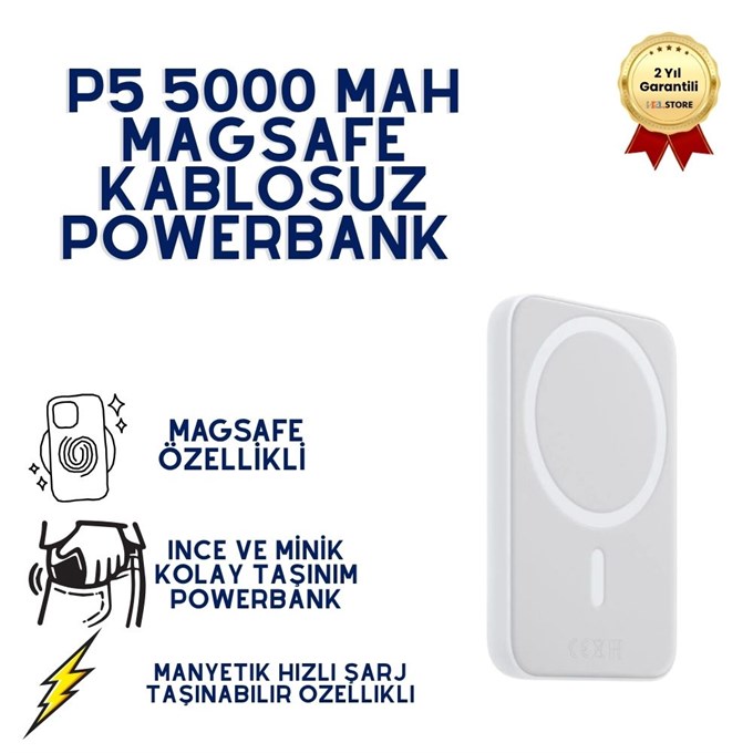 P5 5000 mAh MagSafe Kablosuz Powerbank Manyetik Hızlı Şarj Taşınabilir Şarj Cihazı