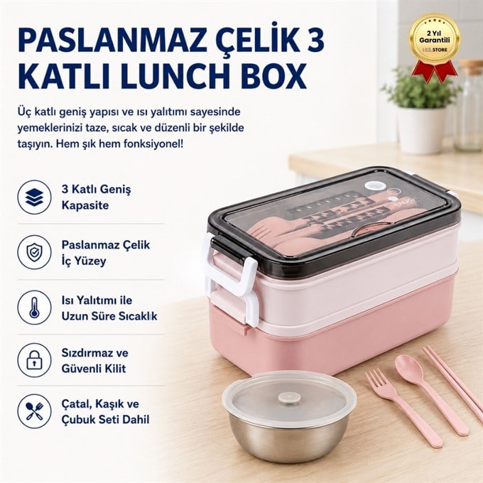 Pembe Paslanmaz Çelik 3 Katlı Yemek Taşıma Kabı Isı Yalıtımlı Lunch Box