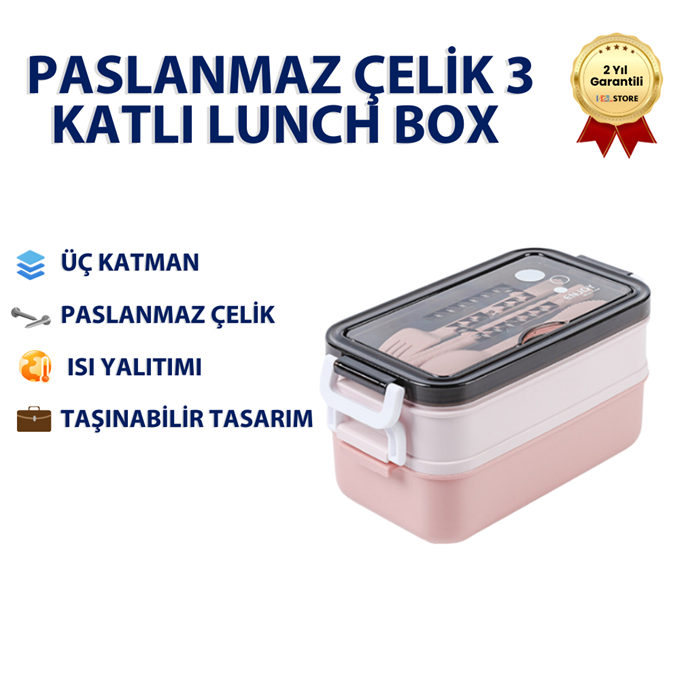 Pembe Paslanmaz Çelik 3 Katlı Yemek Taşıma Kabı Isı Yalıtımlı Lunch Box 