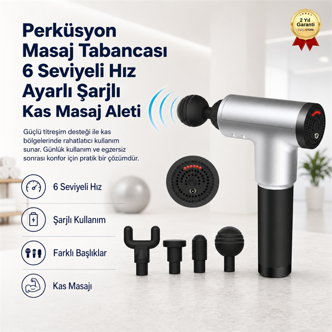 Perküsyon Masaj Tabancası 6 Seviyeli Şarjlı Kas Masaj Aleti Çok Kademeli Hız Ayarlı