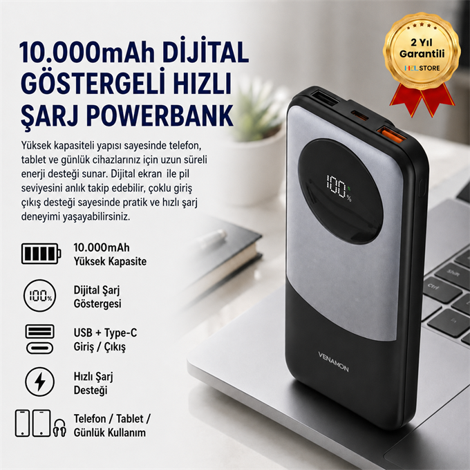 Powerbank 10.000 mAh 22.5W Hızlı Şarjlı Dijital Göstergeli Taşınabilir Şarj Cihazı