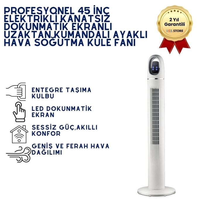 Profesyonel 45 İnç Elektrikli Kanatsız Dokunmatik Ekranlı Uzaktan Kumandalı Ayaklı Hava Soğutma Kule Fanı 