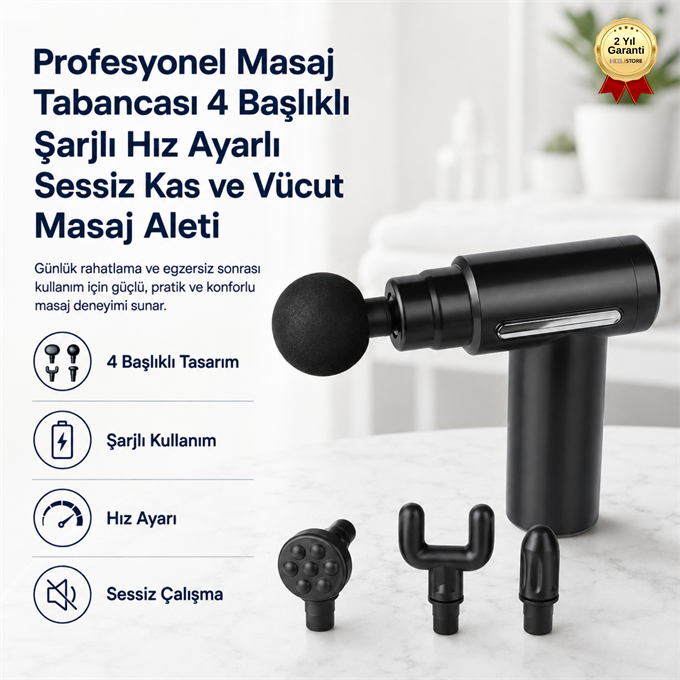 Profesyonel Masaj Tabancası 4 Başlıklı Şarjlı Hız Ayarlı Sessiz Kas ve Vücut Masaj Aleti başlık bu