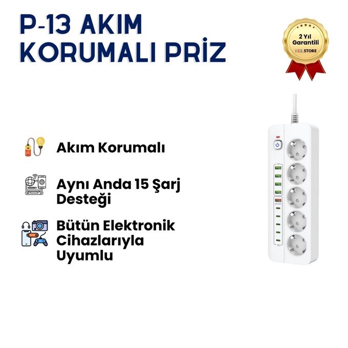 Protech P13 Akım Korumalı Çoklu Priz – USB Girişli, Anahtarlı, Yüksek Güvenlikli Elektrik Prizi