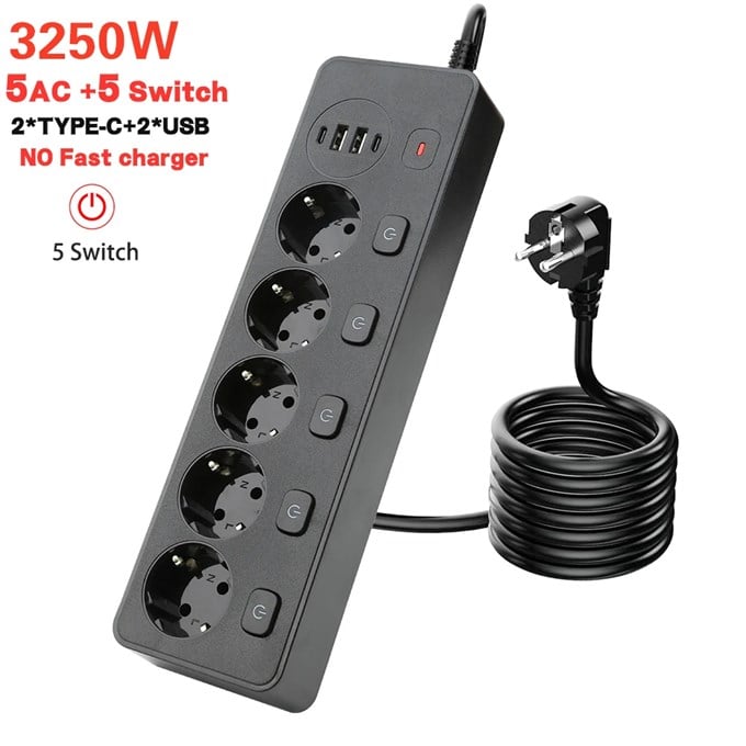 PS-13 Slim Seri 4lü Akıllı Priz-Hızlı Şarj İstasyonu & USB/Type-C Çıkışlı