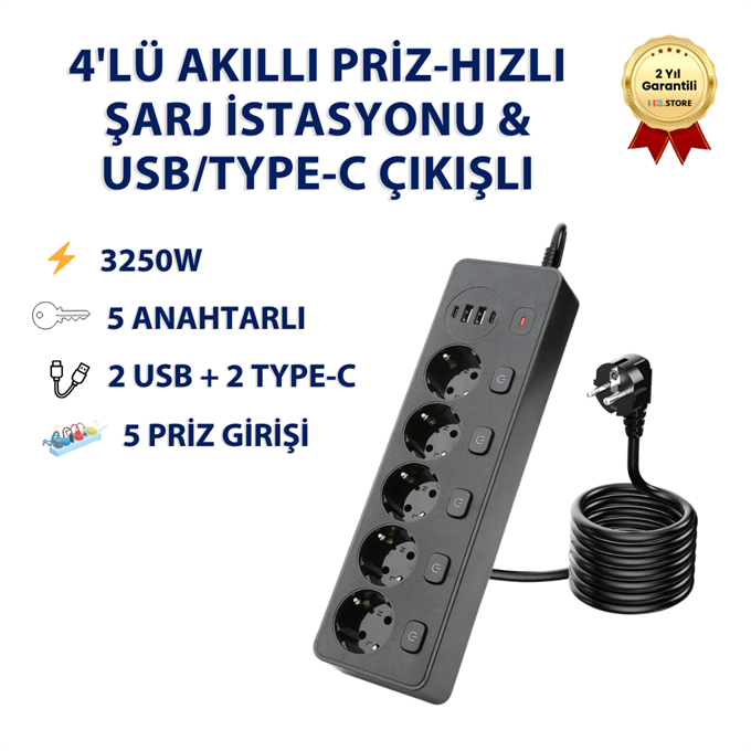PS-13 Slim Seri 4lü Akıllı Priz-Hızlı Şarj İstasyonu & USB/Type-C Çıkışlı