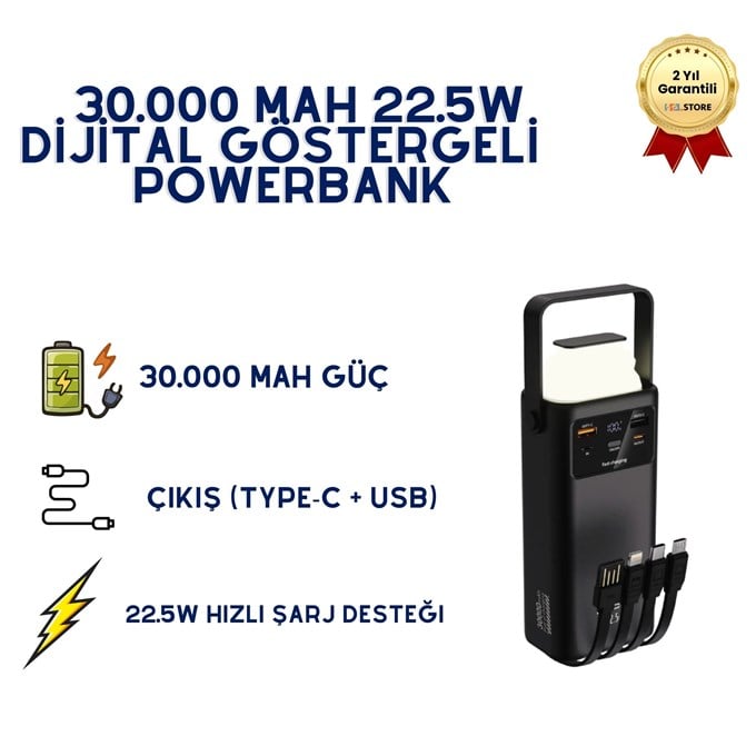 PW-112 30.000 mAh Powerbank 22.5W Hızlı Şarjlı Dijital Ekranlı Taşınabilir Şarj Cihazı 