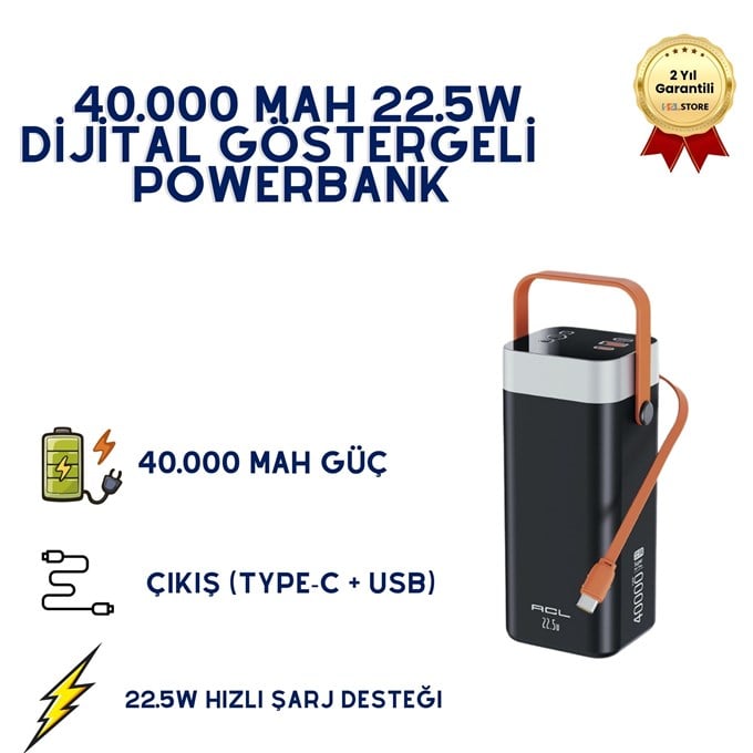PW-142 40.000 mAh Powerbank 22.5W Hızlı Şarjlı Dijital Ekranlı Taşınabilir Şarj Cihazı 