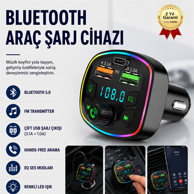 Q7 Bluetooth FM Transmitter Araç Şarj Cihazı USB Girişli MP3 Çalar Dijital Ekranlı Şarj Aleti