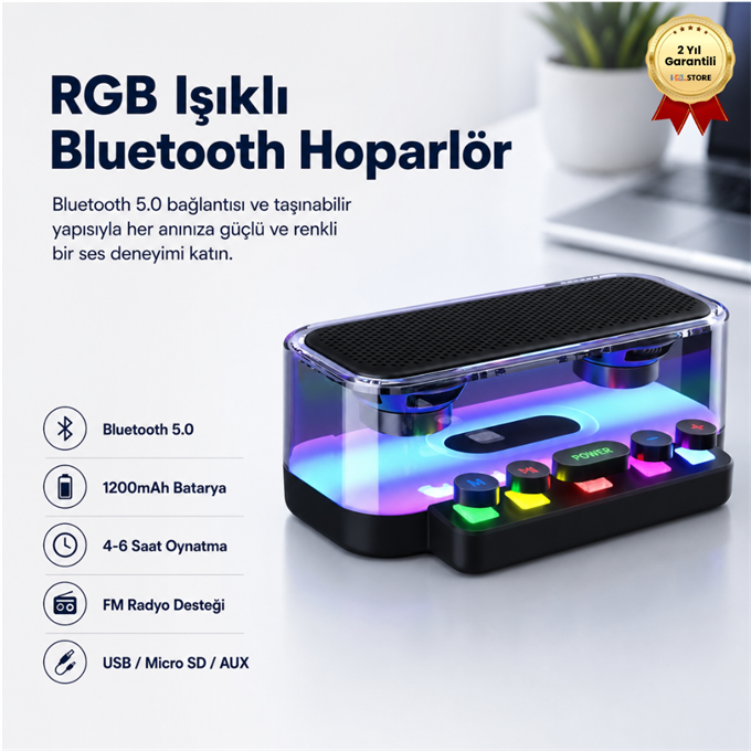 RGB Işıklı Bluetooth Hoparlör 1200mAh FM Radyolu Taşınabilir Kablosuz Speaker