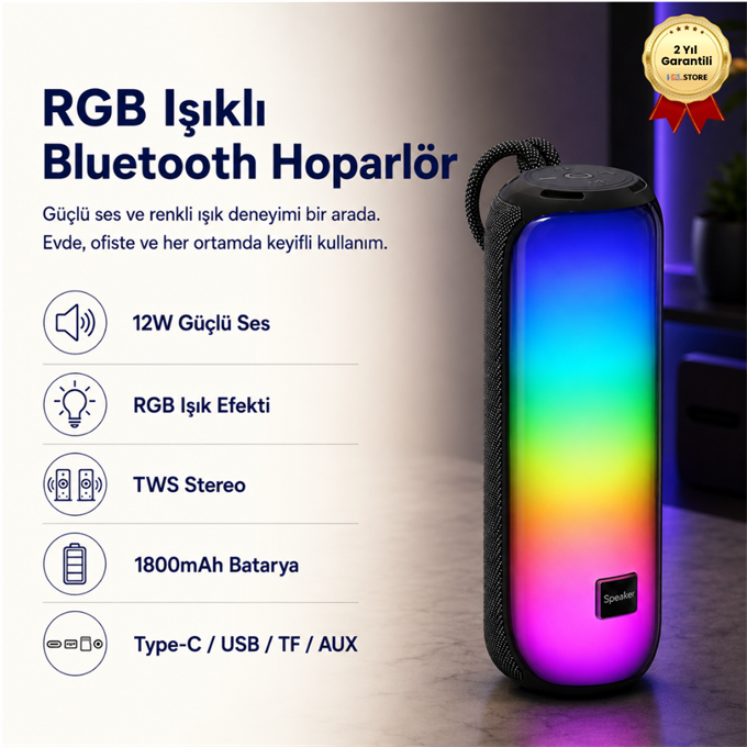 RGB Işıklı TWS Bluetooth Hoparlör 1800mAh Type-C Şarjlı Taşınabilir Speaker