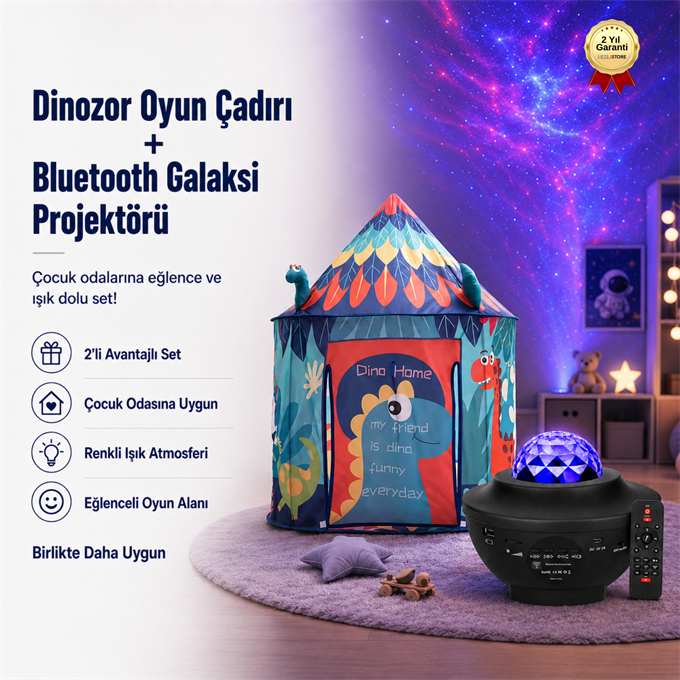 Dinozor Temalı Çocuk Oyun Çadırı ve Bluetooth Galaksi Projektörü Eğlence Seti