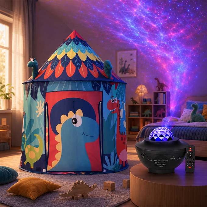 Dinozor Temalı Çocuk Oyun Çadırı ve Bluetooth Galaksi Projektörü Eğlence Seti