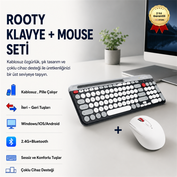 Rooty Bluetooth Klavye Mouse Set Çoklu Cihaz Bağlantılı 1200RPM Kablosuz Set 