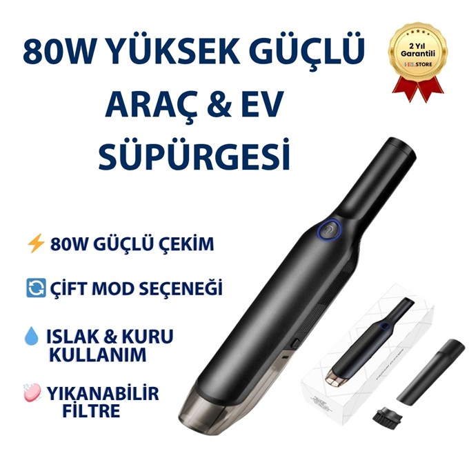 Rooty Güçlü Vakum 80W Portatif Taşınabilir Şarjlı Araç Ev Süpürgesi 2 Kademeli Yıkanabilir Filtreli