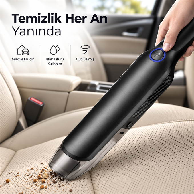 Rooty Güçlü Vakum 80W Portatif Taşınabilir Şarjlı Araç Ev Süpürgesi 2 Kademeli Yıkanabilir Filtreli