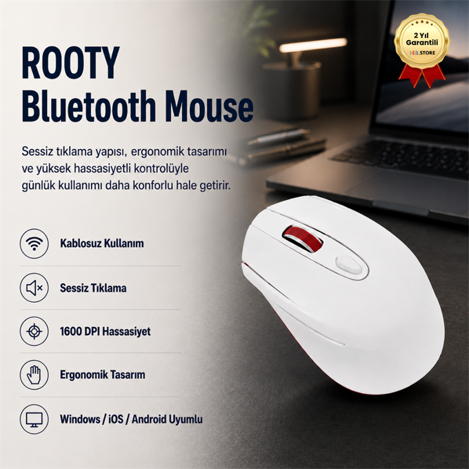 Rooty Sessiz Tıklamalı Kablosuz Mouse - Ergonomik Şık Tasarım, 1600 DPI Yüksek Hassasiyetli Optik Fare