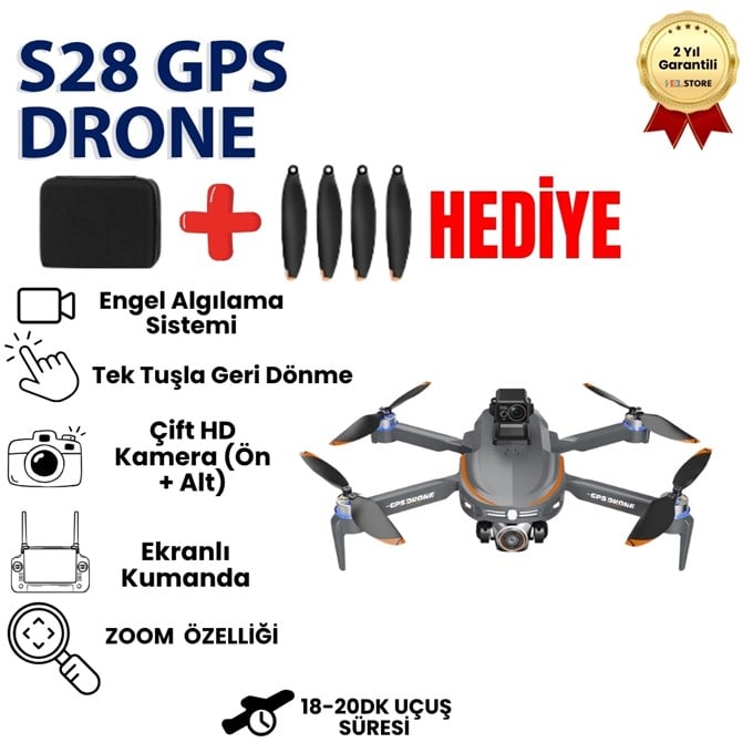 S28 GPS Drone  Çift Kameralı Büyük Ekran Kumandalı 360° Engel Sensörlü Katlanabilir Drone