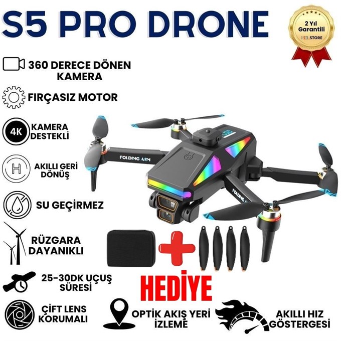 S5 Pro Akıllı Drone Katlanabilir ve 4K HD Kameralı Çift Lensli Yüksek Hızlı Çocuklar İçin uygun Drone