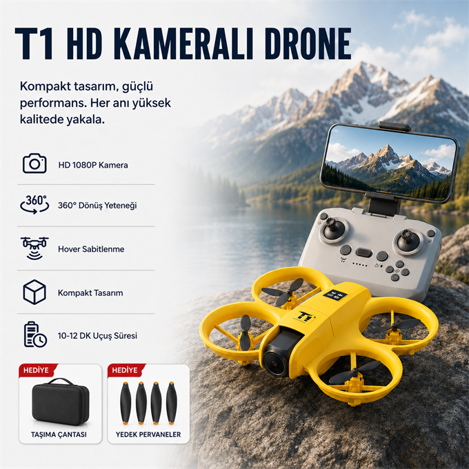 Sarı T1 HD Kameralı  360° Dönüşlü Taşınabilir Kompakt Drone