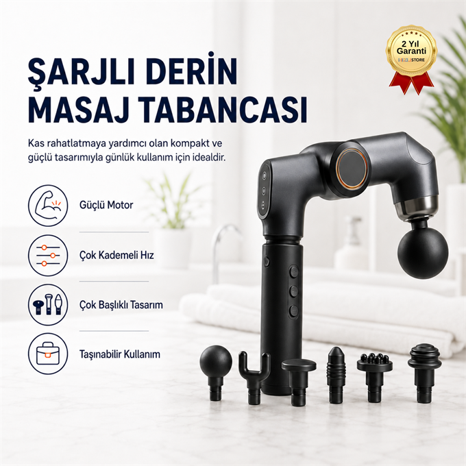 Şarjlı Derin Doku Masaj Tabancası Çok Başlıklı Ayarlanabilir Hızlı Kas Masaj Cihazı