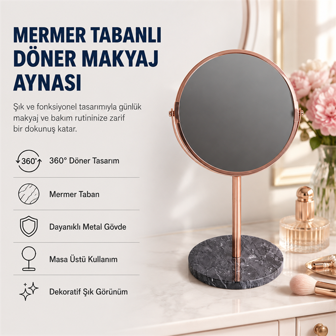Şık Mermer Tabanlı Döner Masa Üstü Makyaj Aynası – Dekoratif Masa Aynası