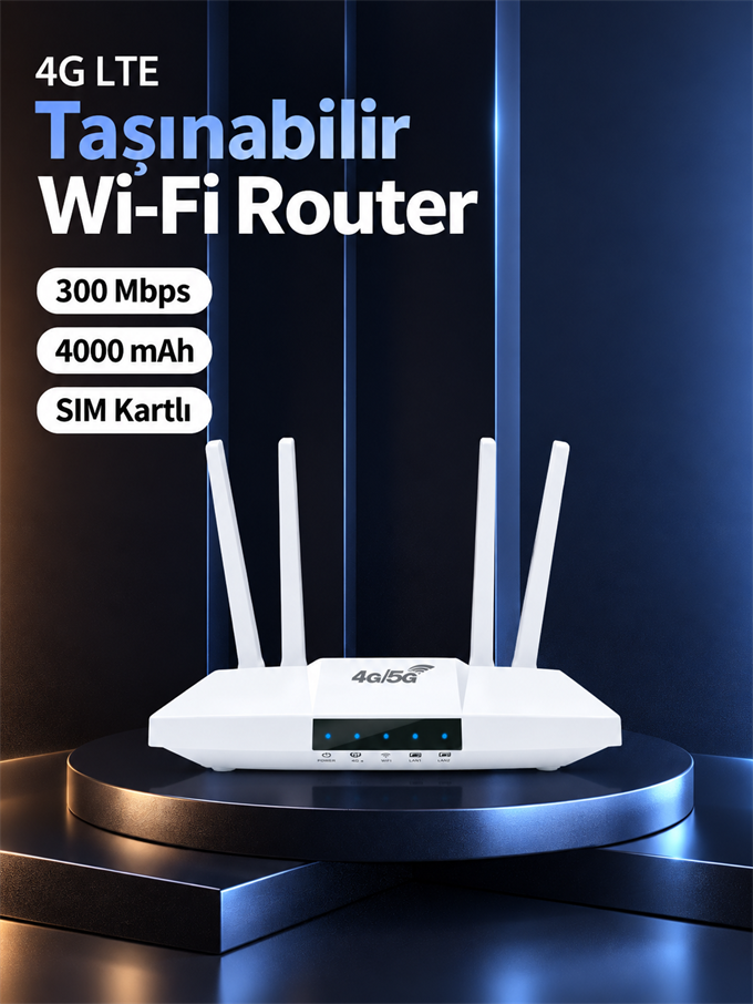 SIM Kartlı 4G LTE Taşınabilir Wi-Fi Router | 300 Mbps, 4000 mAh Batarya