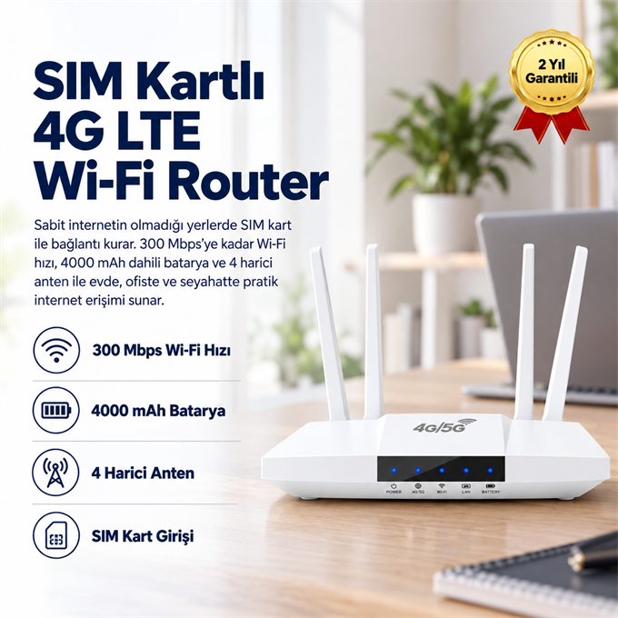 SIM Kartlı 4G LTE Taşınabilir Wi-Fi Router | 300 Mbps, 4000 mAh Batarya