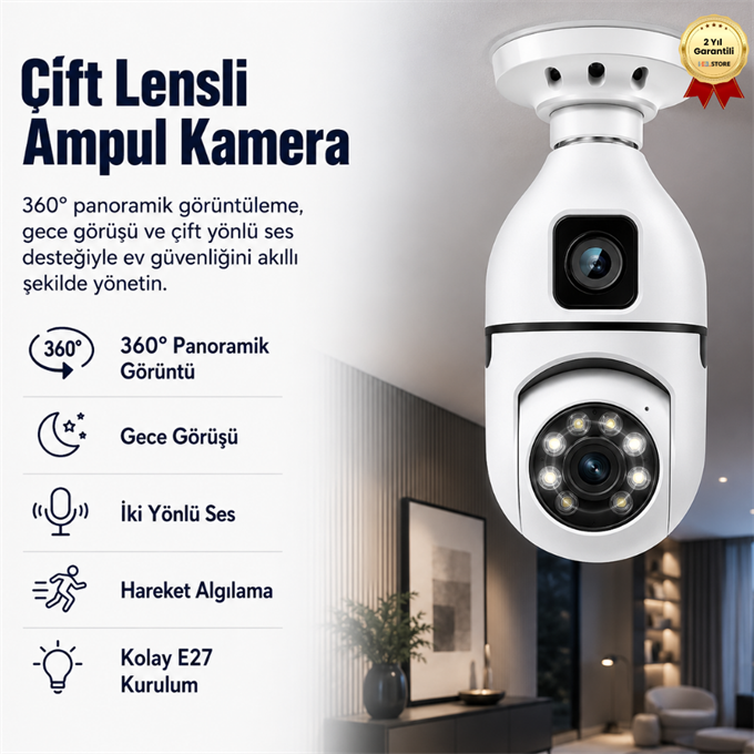 Smart Çift Lensli IP Ampul Kamera Hareketli Gece Görüşlü Ses Kayıtlı Wi-Fi Güvenlik Kamerası 4MP 360 Derece Full HD Duy Girişli 