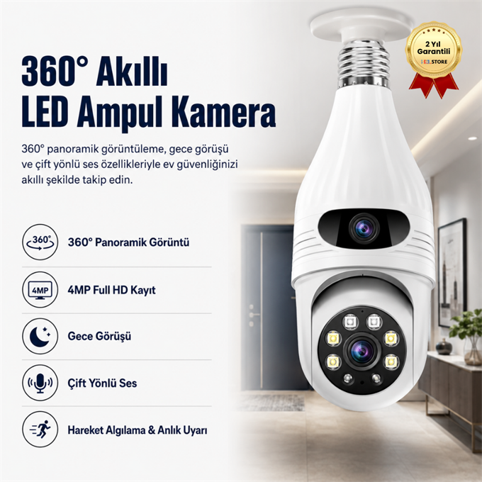 Smart Çift Lensli IP Ampul Kamera Hareketli Gece Görüşlü Ses Kayıtlı Wi-Fi Güvenlik Kamerası 4MP 360 Derece Full HD Duy Girişli 