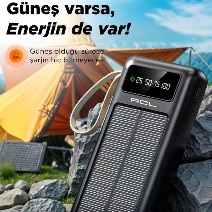 Solar 20,000mAh 5 Cihaz Aynı Anda Şarj Kamp Fenerli Hızlı Şarj Powerbank