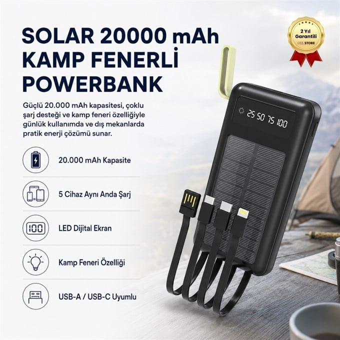 Solar 20,000mAh 5 Cihaz Aynı Anda Şarj Kamp Fenerli Hızlı Şarj Powerbank