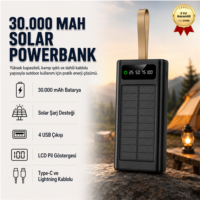 Solar 30.000mAh Powerbank Dijital Göstergeli, 4 USB Çıkışlı, Dahili Type-C ve Lightning Kablolu Powerbank
