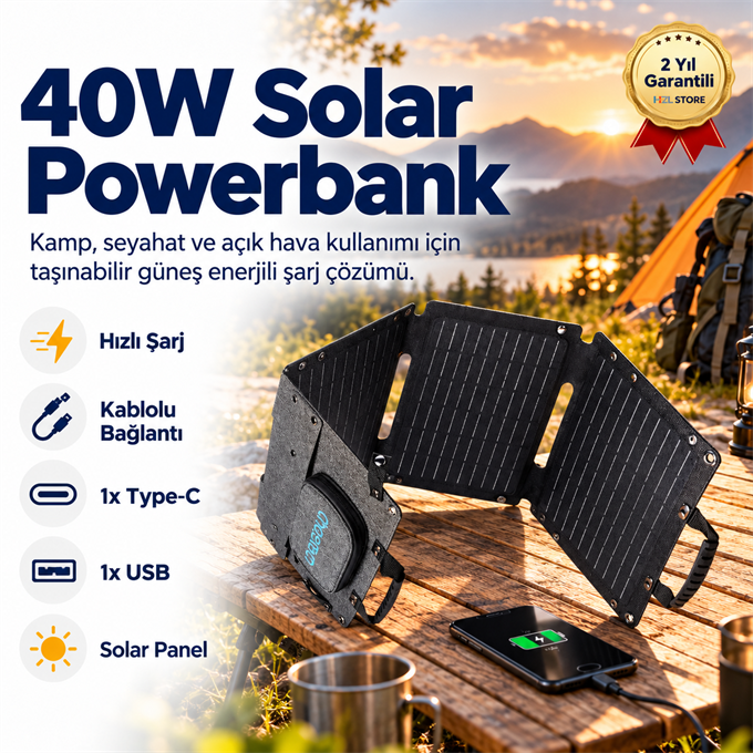 Solar Şarj 40W Güneş Enerjili Powerbank, Güç Ünitesi