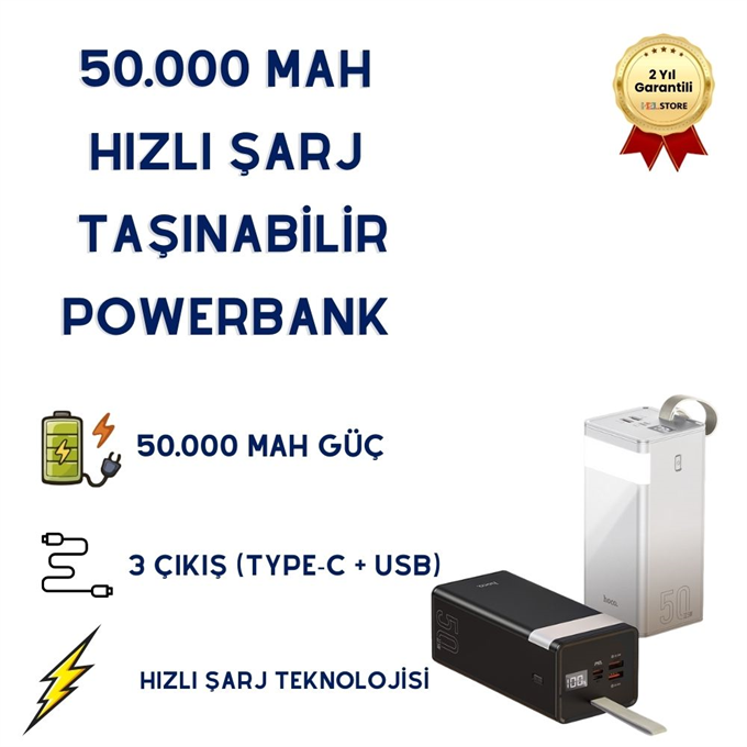 50.000 mAh PD Hızlı Şarj Powerbank Dahili Kablolu LED Işıklı Powerbank