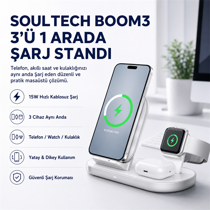 Soultech Boom3 15W 3-in-1 Kablosuz Şarj İstasyonu – Telefon, Apple Watch ve Kulaklık için Qi Wireless Charging Stand 