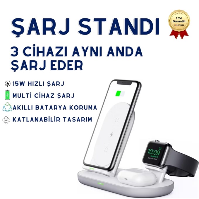 Soultech Boom3 15W 3-in-1 Kablosuz Şarj İstasyonu – Telefon, Apple Watch ve Kulaklık için Qi Wireless Charging Stand