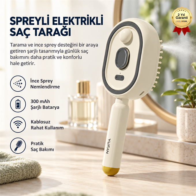 Spreyli Elektrikli Saç Tarağı 300 mAh Şarjlı Nemlendirme Özellikli