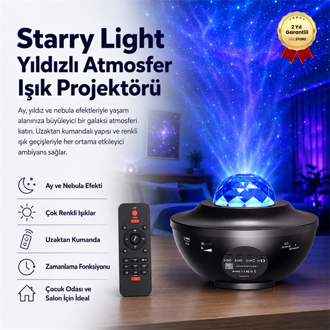 Starry Light Yıldızlı Atmosfer Işık Projektörü – Çok Renkli Gökyüzü Efekti, Ay ve Nebula Yansıtma, Uzaktan Kumandalı Ortam Gece Lambası