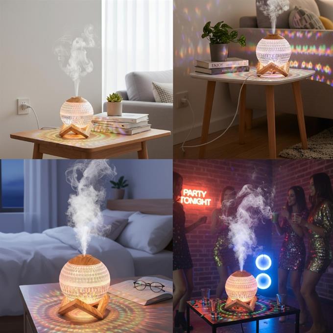 SX-E346 Ahşap Ayaklı Kristal Görünümlü Masaüstü Hava Nemlendiricisi - Gece Lambalı